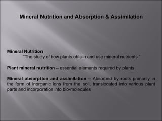 Mineral Nutrition and Absorption & Assimilation
Mineral Nutrition
“The study of how plants obtain and use mineral nutrients “
Plant mineral nutrition – essential elements required by plants
Mineral absorption and assimilation – Absorbed by roots primarily in
the form of inorganic ions from the soil, translocated into various plant
parts and incorporation into bio-molecules
 