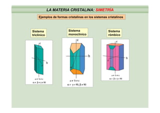 LA MATERIA CRISTALINA: SIMETRÍA
Ejemplos de formas cristalinas en los sistemas cristalinos
SistemaSistema Sistema
Ejemplos de formas cristalinas en los sistemas cristalinos
Sistema
monoclínico
Sistema
triclínico
Sistema
rómbico
 