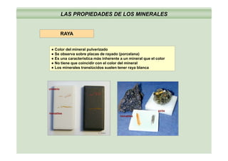 LAS PROPIEDADES DE LOS MINERALES
RAYA
● Color del mineral pulverizado
● Se observa sobre placas de rayado (porcelana)
● Es una característica más inherente a un mineral que el color
N ti i idi l l d l i l● No tiene que coincidir con el color del mineral
● Los minerales translúcidos suelen tener raya blanca
cinabrio
hematites
pirita
hematites
hematites
A. Alden
 