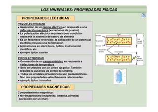 LOS MINERALES: PROPIEDADES FÍSICAS
PROPIEDADES ELÉCTRICAS
C
PROPIEDADES ELÉCTRICAS
PIEZOELECTRICIDAD
● Generación de un campo eléctrico en respuesta a una
deformación mecánica (variaciones de presión)deformación mecánica (variaciones de presión)
● La polarización eléctrica requiere como condición
necesaria la ausencia de centro de simetría
● Es un fenómeno reversible: la aplicación de un potencial
eléctrico provoca una deformacióneléctrico provoca una deformación
● Aplicaciones en electrónica, óptica, instrumental
científico, etc.
● ejemplo típico: cuarzo
amazon.com
PIROELECTRICIDAD
● Generación de un campo eléctrico en respuesta a
variaciones de temperatura
● Solo en cristales con un único eje polar. Tambiénj p
requiere la ausencia de centro de simetría.
● Todos los cristales piroeléctricos son piezoeléctricos.
Son dos propiedades estrechamente relacionadas.
● ejemplo típico: turmalinaj p p
PROPIEDADES MAGNÉTICAS
Comportamiento magnético:
● ferromagnetismo (magnetita, ilmenita, pirrotita)
(atracción por un imán)
 