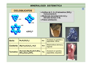MINERALOGÍA SISTEMÁTICA
CICLOSILICATOS
C
CICLOSILICATOS
● Anillos de 3, 4 o 6 tetraedros (SiO3).
Comunmente 6.
● Moderada densidad (2.6-3.2) y
elevada dureza (7-8)elevada dureza (7-8).
● Pobre exfoliación.n=3
n=4
n=6
n(SiO3)4-
n=6
Accesorio en granitos yAccesorio en granitos y
Berilo Be3Al2(Si6O18) Hex
Accesorio en granitos yAccesorio en granitos y
pegmatitas. Gemapegmatitas. Gema
CordieritaCordierita (Mg,Fe)2Al4Si5O18·nH20 Róm
Metamorfismo térmico yMetamorfismo térmico y
regionalregionalgg
Turmalina
(Na,Ca)(Li,Mg,Al)3(Al,Fe,Mn)6
(BO3)3(Si6O18)(OH)4
Trig
Accesorio en granitos,Accesorio en granitos,
pegmatitas, esquistospegmatitas, esquistos
 