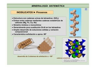 MINERALOGÍA SISTEMÁTICA
C
INOSILICATOS ► Piroxenos
● Estructura con cadenas unicas de tetraedros: (SiO3)● Estructura con cadenas unicas de tetraedros: (SiO3)
● Enlace entre cadenas mediantes cadenas octaédricas de
cationes (Mg, Fe, Ca, Na)
● Simetría rómbica o monoclínica
● Generalmente poca sustitución Si-Al en los tetraedros
● Amplio desarrollo de soluciones sólidas y variación
composicional
● Característica exfoliación a aprox 90º● Característica exfoliación a aprox. 90º
cadena tetraédrica
desarrollo de 2 sistemas de exfoliación a ~ 90º
cadenas octaédricas
 