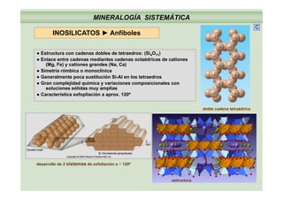 MINERALOGÍA SISTEMÁTICA
INOSILICATOS ► Anfíboles
C
INOSILICATOS ► Anfíboles
● Estructura con cadenas dobles de tetraedros: (Si4O11)Estructura con cadenas dobles de tetraedros: (Si4O11)
● Enlace entre cadenas mediantes cadenas octaédricas de cationes
(Mg, Fe) y cationes grandes (Na, Ca)
● Simetría rómbica o monoclínica
● Generalmente poca sustitución Si-Al en los tetraedros● Generalmente poca sustitución Si-Al en los tetraedros
● Gran complejidad química y variaciones composicionales con
soluciones sólidas muy amplias
● Característica exfopliación a aprox. 120º
doble cadena tetraédrica
desarrollo de 2 sistemas de exfoliación a ~ 120º
estructura
 