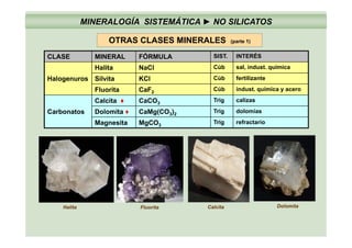 MINERALOGÍA SISTEMÁTICA ► NO SILICATOS
OTRAS CLASES MINERALES ( 1)
CLASE MINERAL FÓRMULA SIST. INTERÉS
Halita NaCl Cúb sal indust química
OTRAS CLASES MINERALES (parte 1)
Halogenuros
Halita NaCl Cúb sal, indust. química
Silvita KCl Cúb fertilizante
Fluorita CaF2
Cúb indust. química y acero
Carbonatos
Calcita ♦ CaCO3
Trig calizas
Dolomita ♦ CaMg(CO3)2
Trig dolomías
Magnesita MgCO3
Trig refractarioMagnesita MgCO3
Trig refractario
Halita Fluorita Calcita DolomitaHalita Fluorita Calcita
 