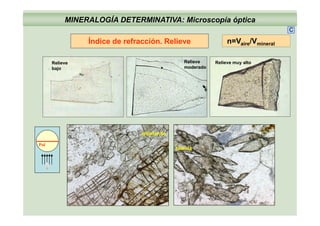 MINERALOGÍA DETERMINATIVA: Microscopía óptica
C
R li Relieve R li lt
Índice de refracción. Relieve n=Vaire/Vmineral
Relieve
bajo
Relieve
moderado
Relieve muy alto
sillimanita
Pol
titanita
 