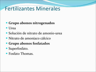 Fertilizantes Minerales  Grupo abonos nitrogenados Urea  Solución de nitrato de amonio-urea  Nitrato de amoníaco cálcico  Grupo abonos fosfatados Superfosfato.  Fosfato Thomas.  