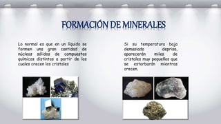 FORMACIÓN DE MINERALES
Lo normal es que en un líquido se
formen una gran cantidad de
núcleos sólidos de compuestos
químicos distintos a partir de los
cuales crecen los cristales
Si su temperatura baja
demasiado deprisa,
aparecerán miles de
cristales muy pequeños que
se estorbarán mientras
crecen.
 