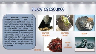 Los silicatos oscuros (o
ferromagnesianos) son los
minerales que contienen iones de
hierro (hierroferro) o magnesio, o
ambos, en su estructura. Debido a
su contenido en hierro, los
silicatos ferromagnesianos tienen
un color oscuro y un mayor peso
específico, entre 3,2 y 3,6, que
los silicatos no ferromagnesianos.
Los silicatos oscuros más comunes
son el olivino, los piroxenos, los
anfíboles,la mica negra (biotita) y
el granate.
SILICATOS OSCUROS
GRUPODE
PIROXENOS
GRUPODEL
OLIVINO
BIOTITA
GRANATE
GRUPO
DE
ANFÍBOLES
 