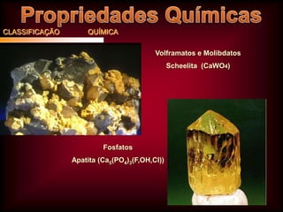 CLASSIFICAÇÃO

QUÍMICA
Volframatos e Molibdatos
Scheelita (CaWO4)

Fosfatos
Apatita (Ca5(PO4)3(F,OH,Cl))

 