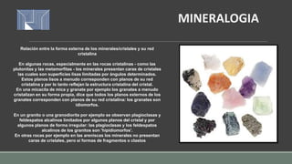 Relación entre la forma externa de los minerales/cristales y su red
cristalina
En algunas rocas, especialmente en las rocas cristalinas - como las
plutonitas y las metamorfitas - los minerales presentan caras de cristales
las cuales son superficies lisas limitadas por ángulos determinados.
Estos planos lisos a menudo corresponden con planos de su red
cristalina y por lo tanto reflejan la estructura cristalina del cristal.
En una micacita de mica y granate por ejemplo los granates a menudo
cristalizan en su forma propia, dice que todos los planos externos de los
granates corresponden con planos de su red cristalina: los granates son
idiomorfos.
En un granito o una granodiorita por ejemplo se observan plagioclasas y
feldespatos alcalinos limitados por algunos planos del cristal y por
algunos planos de forma irregular: las plagioclasas y los feldespatos
alcalinos de los granitos son 'hipidiomorfos'.
En otras rocas por ejemplo en las areniscas los minerales no presentan
caras de cristales, pero sí formas de fragmentos o clastos
MINERALOGIA
 