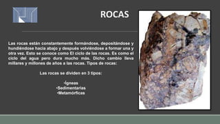 ROCAS
Las rocas están constantemente formándose, depositándose y
hundiéndose hacia abajo y después volviéndose a formar una y
otra vez. Esto se conoce como El ciclo de las rocas. Es como el
ciclo del agua pero dura mucho más. Dicho cambio lleva
millares y millones de años a las rocas. Tipos de rocas:
Las rocas se dividen en 3 tipos:
•Ígneas
•Sedimentarias
•Metamórficas
 