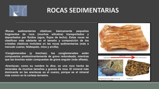 ROCAS SEDIMENTARIAS
•Rocas sedimentarias clásticas; básicamente pequeños
fragmentos de roca (muchos silicatos) transportados y
depositados por fluidos (agua, flujos de lecho). Estas rocas se
clasifican más adelante en el tamaño y composición de los
cristales clásticos incluidos en las rocas sedimentarias (más a
menudo cuarzo, feldespato, mica y arcilla).
•Conglomerados (y brechas); los conglomerados están
compuestos predominantemente de grava redondeada, mientras
que las brechas están compuestas de grava angular (más afilada).
•Areniscas; como su nombre lo dice, es una roca hecha de
minerales de muchos tamaños y granos de roca. El mineral más
dominante en las areniscas es el cuarzo, porque es el mineral
más común en la corteza terrestre.
 
