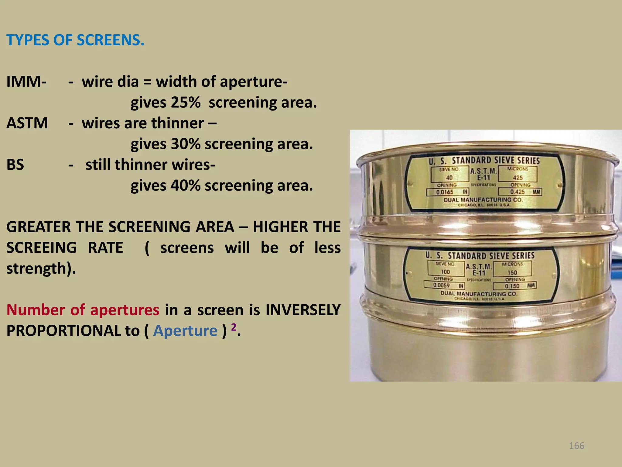 TYPES OF SCREENS.
IMM- - wire dia = width of aperture-
gives 25% screening area.
ASTM - wires are thinner –
gives 30% screening area.
BS - still thinner wires-
gives 40% screening area.
GREATER THE SCREENING AREA – HIGHER THE
SCREEING RATE ( screens will be of less
strength).
Number of apertures in a screen is INVERSELY
PROPORTIONAL to ( Aperture ) 2.
166
 