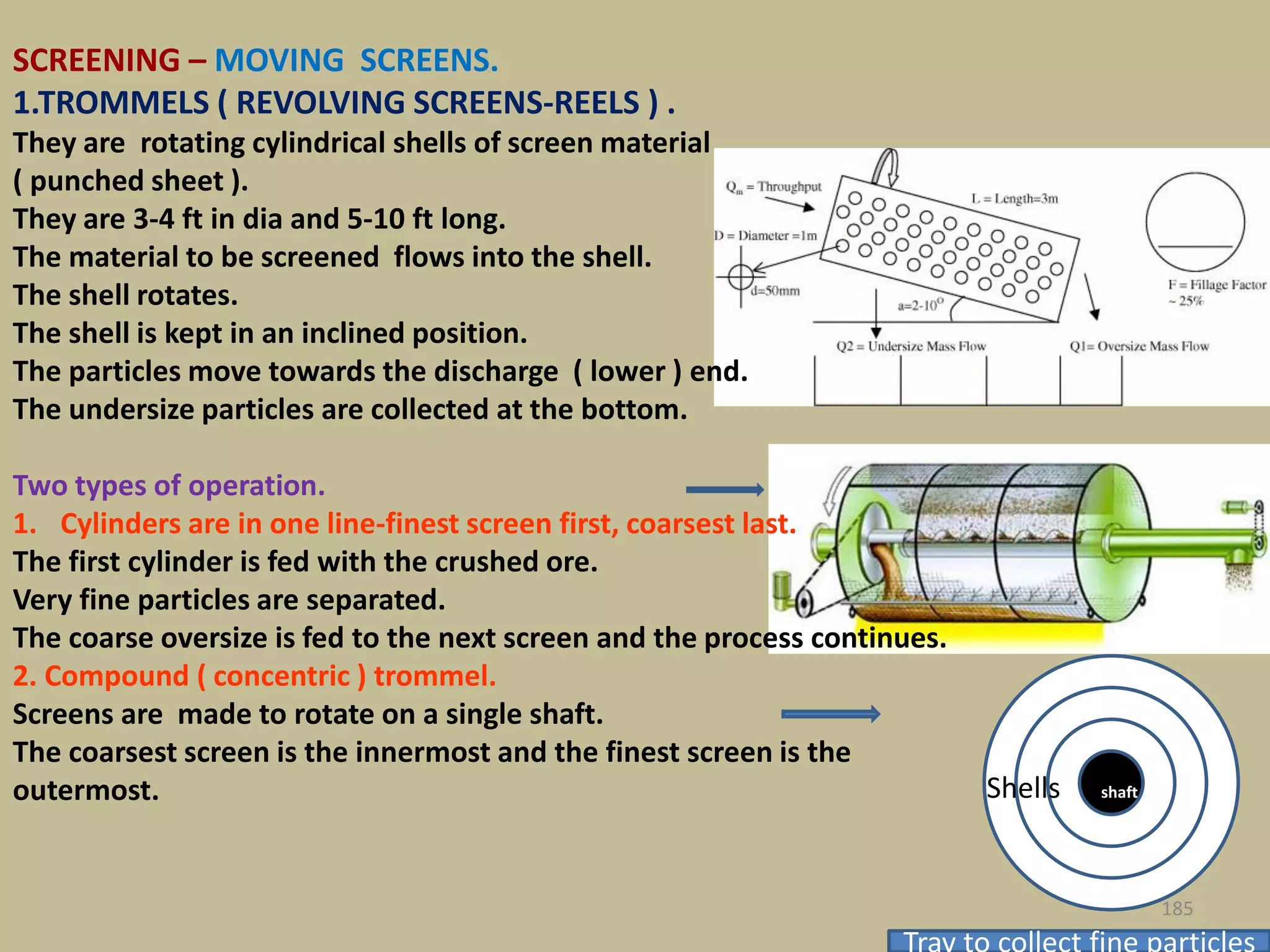 Shells shaft
185
SCREENING – MOVING SCREENS.
1.TROMMELS ( REVOLVING SCREENS-REELS ) .
They are rotating cylindrical shells of screen material
( punched sheet ).
They are 3-4 ft in dia and 5-10 ft long.
The material to be screened flows into the shell.
The shell rotates.
The shell is kept in an inclined position.
The particles move towards the discharge ( lower ) end.
The undersize particles are collected at the bottom.
Two types of operation.
1. Cylinders are in one line-finest screen first, coarsest last.
The first cylinder is fed with the crushed ore.
Very fine particles are separated.
The coarse oversize is fed to the next screen and the process continues.
2. Compound ( concentric ) trommel.
Screens are made to rotate on a single shaft.
The coarsest screen is the innermost and the finest screen is the
outermost.
 