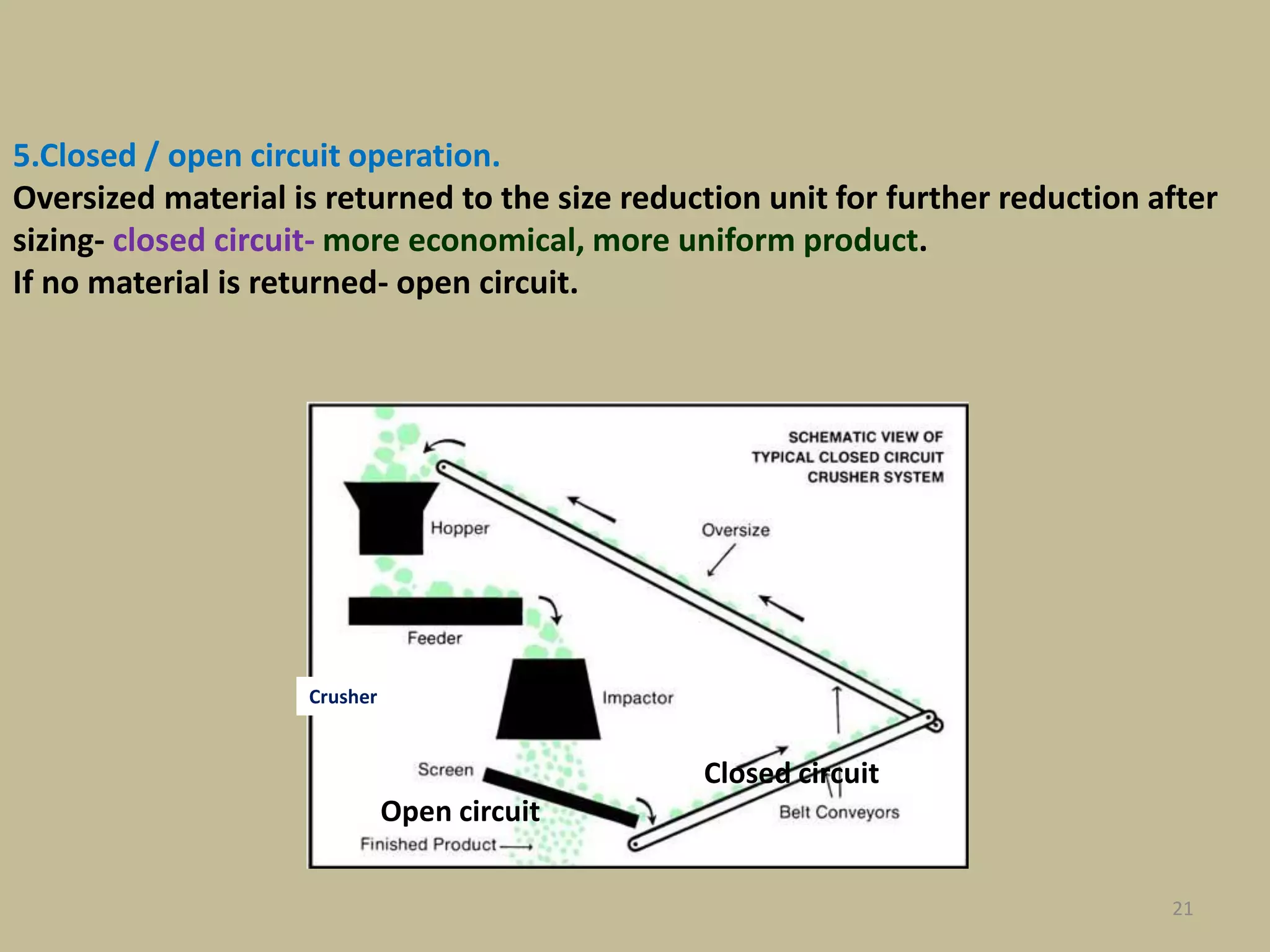 21
5.Closed / open circuit operation.
Oversized material is returned to the size reduction unit for further reduction after
sizing- closed circuit- more economical, more uniform product.
If no material is returned- open circuit.
Closed circuit
Open circuit
Crusher
 