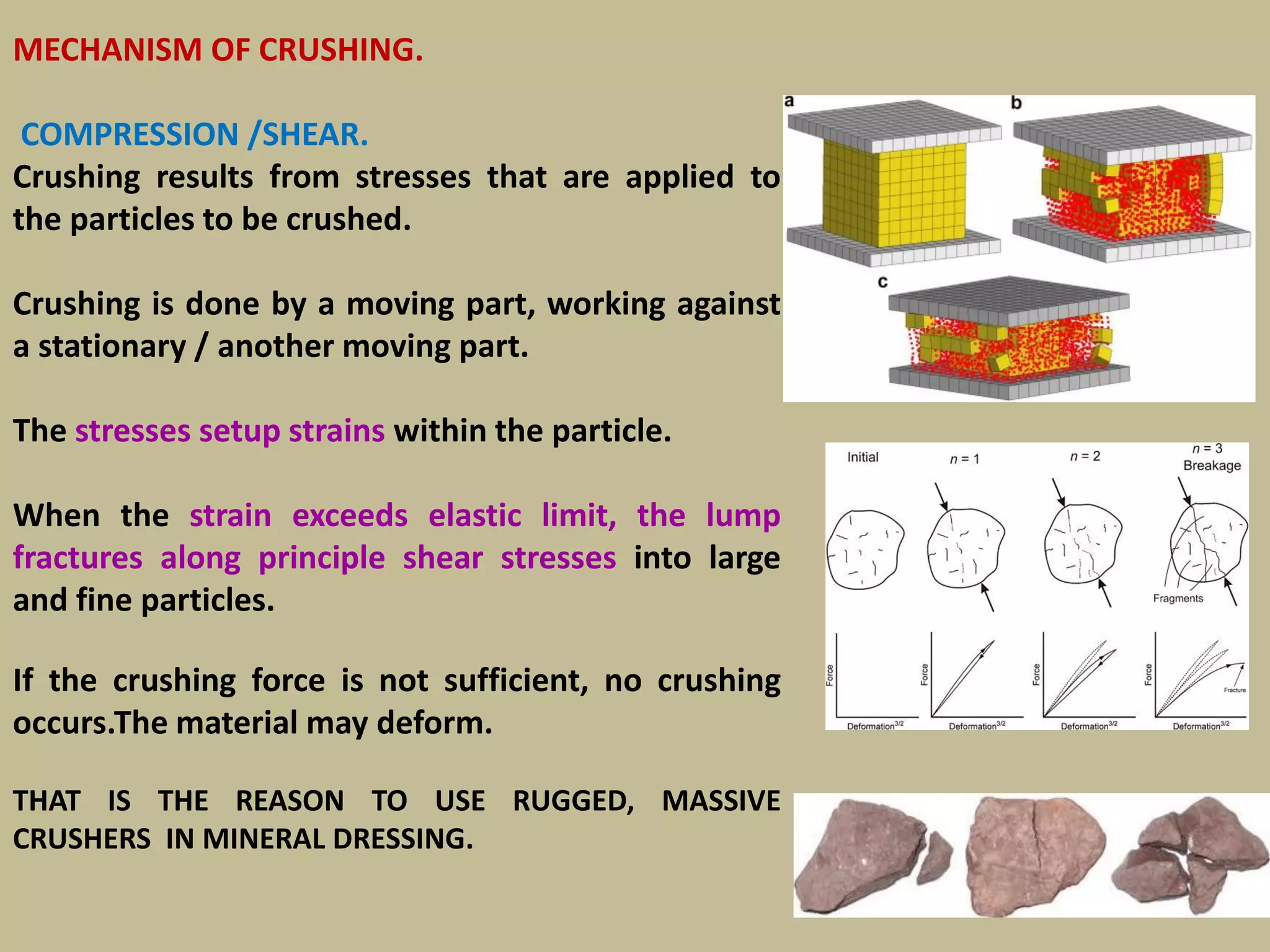 27
MECHANISM OF CRUSHING.
COMPRESSION /SHEAR.
Crushing results from stresses that are applied to
the particles to be crushed.
Crushing is done by a moving part, working against
a stationary / another moving part.
The stresses setup strains within the particle.
When the strain exceeds elastic limit, the lump
fractures along principle shear stresses into large
and fine particles.
If the crushing force is not sufficient, no crushing
occurs.The material may deform.
THAT IS THE REASON TO USE RUGGED, MASSIVE
CRUSHERS IN MINERAL DRESSING.
 