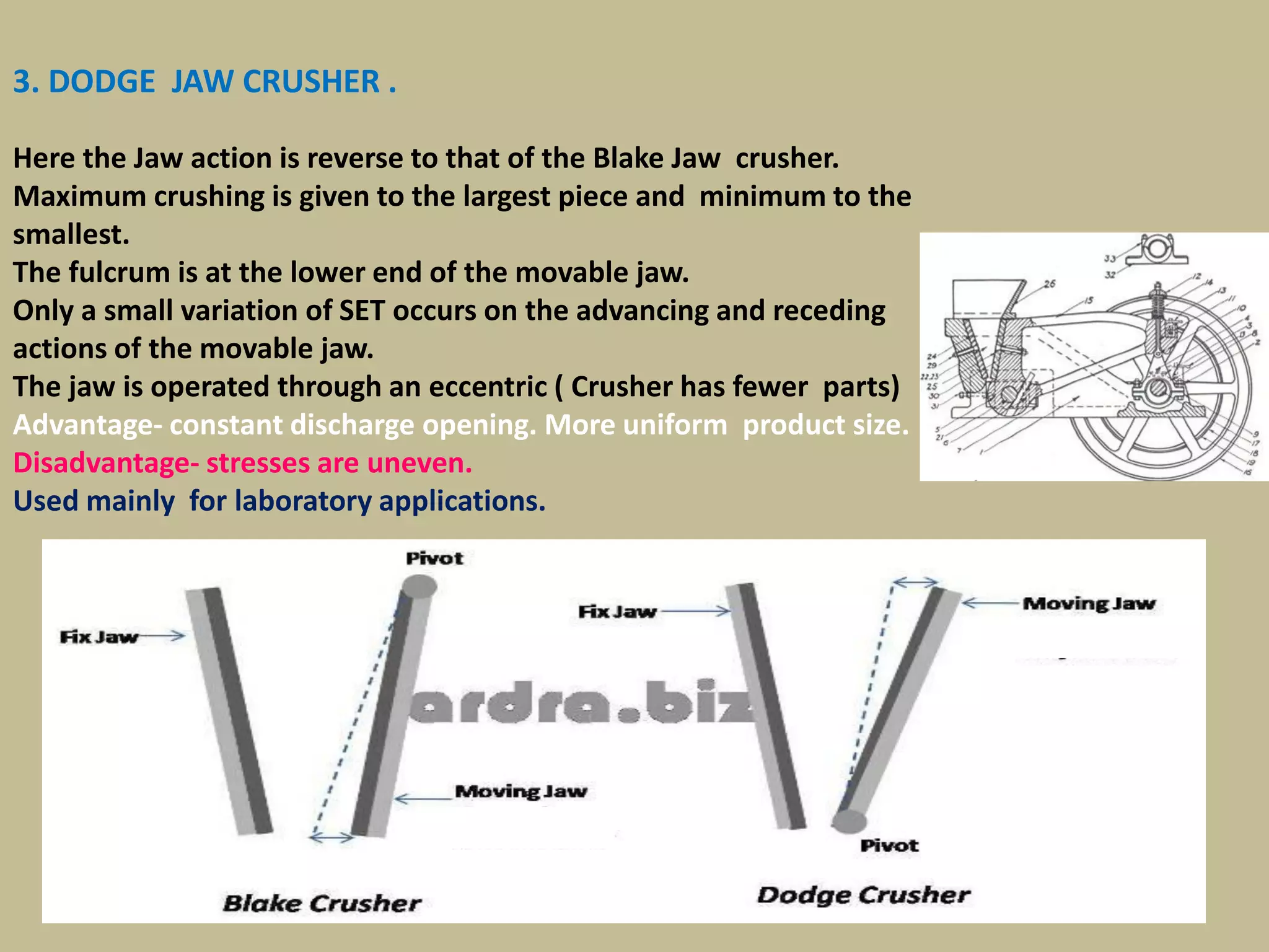 40
3. DODGE JAW CRUSHER .
Here the Jaw action is reverse to that of the Blake Jaw crusher.
Maximum crushing is given to the largest piece and minimum to the
smallest.
The fulcrum is at the lower end of the movable jaw.
Only a small variation of SET occurs on the advancing and receding
actions of the movable jaw.
The jaw is operated through an eccentric ( Crusher has fewer parts)
Advantage- constant discharge opening. More uniform product size.
Disadvantage- stresses are uneven.
Used mainly for laboratory applications.
 