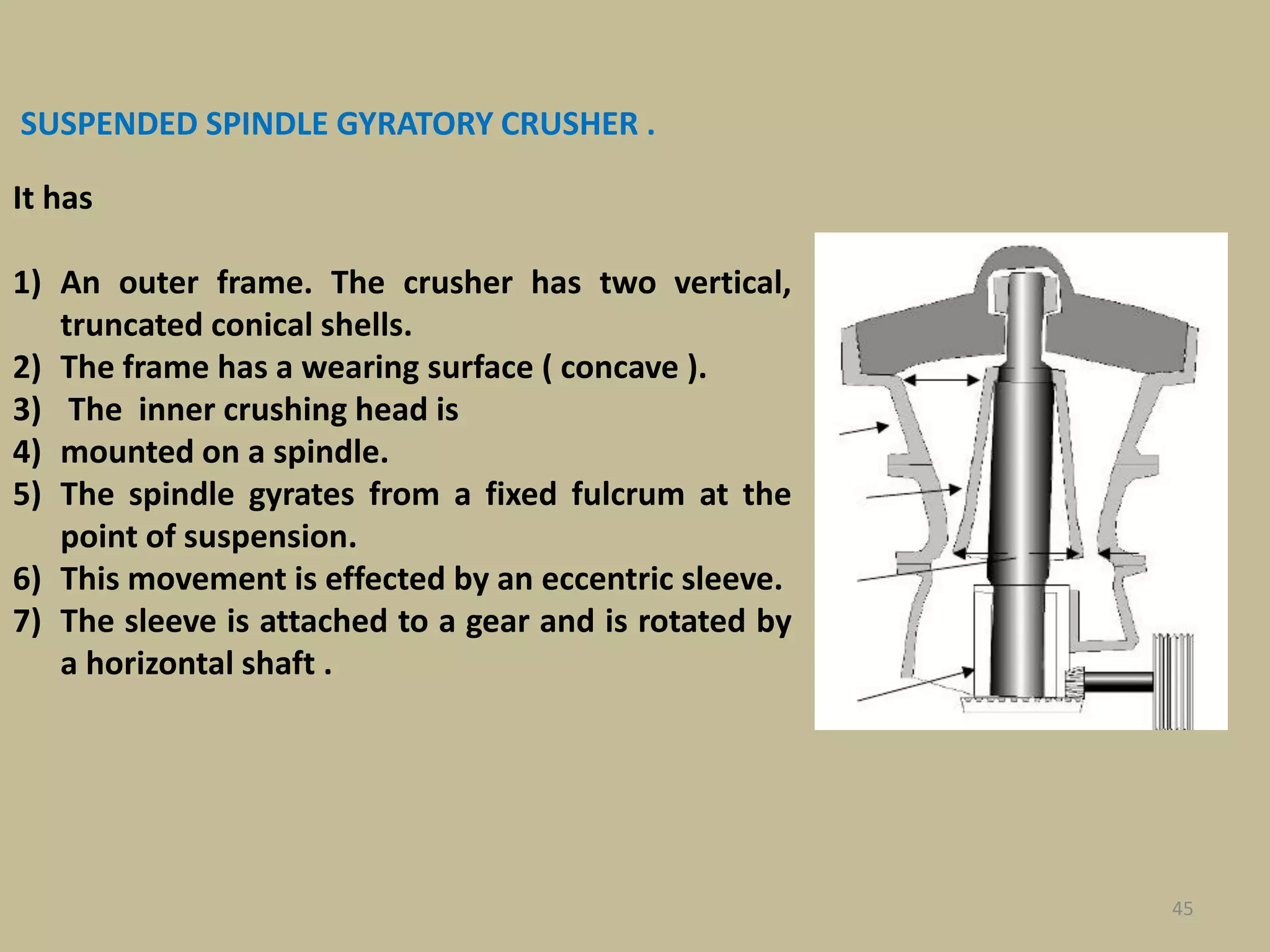 45
SUSPENDED SPINDLE GYRATORY CRUSHER .
It has
1) An outer frame. The crusher has two vertical,
truncated conical shells.
2) The frame has a wearing surface ( concave ).
3) The inner crushing head is
4) mounted on a spindle.
5) The spindle gyrates from a fixed fulcrum at the
point of suspension.
6) This movement is effected by an eccentric sleeve.
7) The sleeve is attached to a gear and is rotated by
a horizontal shaft .
 