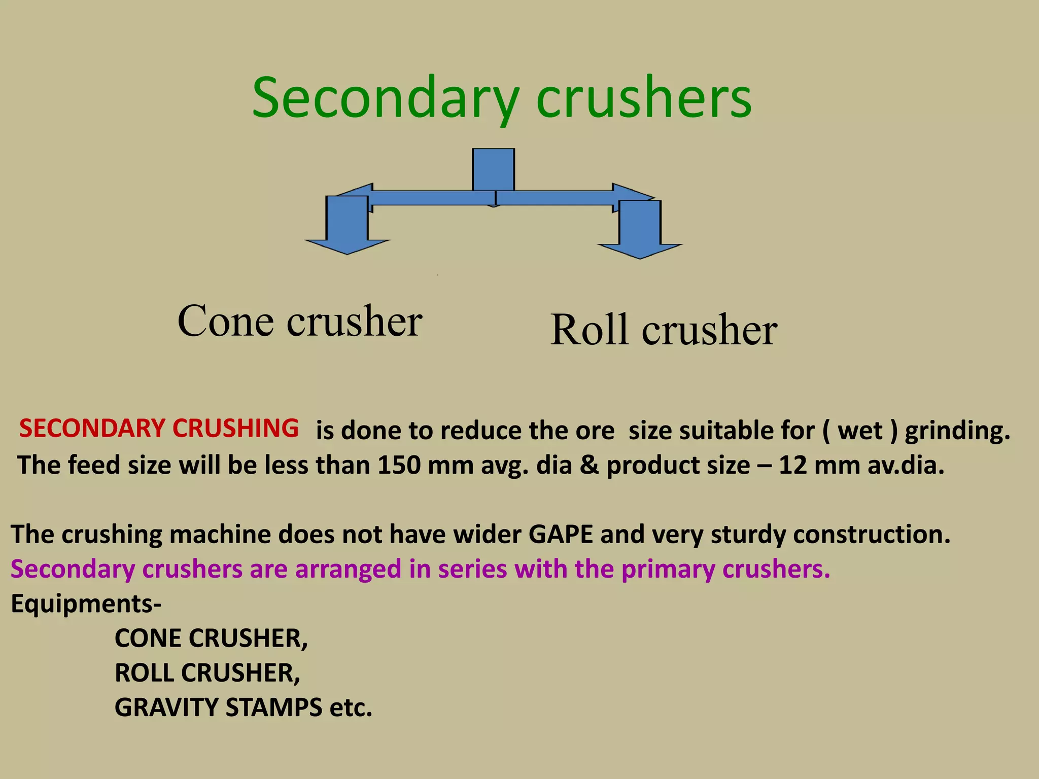 Secondary crushers
Cone crusher Roll crusher
is done to reduce the ore size suitable for ( wet ) grinding.
The feed size will be less than 150 mm avg. dia & product size – 12 mm av.dia.
The crushing machine does not have wider GAPE and very sturdy construction.
Secondary crushers are arranged in series with the primary crushers.
Equipments-
CONE CRUSHER,
ROLL CRUSHER,
GRAVITY STAMPS etc.
SECONDARY CRUSHING
 