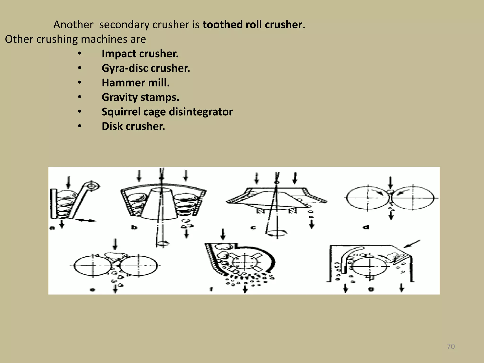 70
Another secondary crusher is toothed roll crusher.
Other crushing machines are
• Impact crusher.
• Gyra-disc crusher.
• Hammer mill.
• Gravity stamps.
• Squirrel cage disintegrator
• Disk crusher.
 