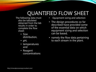 QUANTIFIED FLOW SHEET
The following data must
also be tabulated
obtained from the lab
results in order to
complete the flow
sheet:
• Size
distribution,
• pH,
• temperatures
and
• Reagent
concentrations
• Equipment sizing and selection
• The design procedures so far
described have provided some
of the essential data on which
equipment sizing and selection
can be based,
• namely the flow data pertaining
to each stream in the plant.
http://mineralprocessingconsultant.com/
 