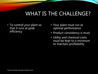 WHAT IS THE CHALLENGE?
• To control your plant so
that it runs at peak
efficiency
• Your plant must run at
optimal performance
• Product consistency is must
• Utility and chemical costs
must be kept to a minimum
to maintain profitability
http://mineralprocessingconsultant.com/
 