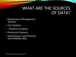 WHAT ARE THE SOURCES
OF DATA?
• Maintenance Management
Systems
• Cost Systems
• Predictive Systems
• Production Systems
• Manufacturer specifications
and reliability data
http://mineralprocessingconsultant.com/
 