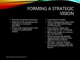 FORMING A STRATEGIC
VISION
• Provide long term
direction,
• What kind of enterprise
the company is trying to
become,
• Infuse the organization
with a sense of purposeful
action.
• Look beyond today
• Think strategically about the
impact of new technology
on the horizon
• How clients needs and
expectations are changing
• What will it take to overrun
the competitors,
• Which promising market
opportunities ought to be
aggressively pursued,
• All other internal factors
that the company needs to
be doing to prepare for the
future.
http://mineralprocessingconsultant.com/
 