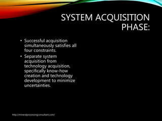 SYSTEM ACQUISITION
PHASE:
• Successful acquisition
simultaneously satisfies all
four constraints.
• Separate system
acquisition from
technology acquisition,
specifically know-how
creation and technology
development to minimize
uncertainties.
http://mineralprocessingconsultant.com/
 