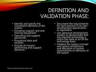 DEFINITION AND
VALIDATION PHASE:
• Identify and specify the
constituent elements of
the system.
• Including support, test and
training equipment;
• Operating and support
personnel;
• Procedural data and
facilities.
• Include all mission
performing and support
elements.
• Document the requirements
for each element in its item
development specification
or equivalent.
• Use advanced development
models to demonstrate that
the required technology is
within the state of art of the
technology base.
• Validate the system concept
and system architecture,
and allocation of system
requirements to elements of
the system
http://mineralprocessingconsultant.com/
 