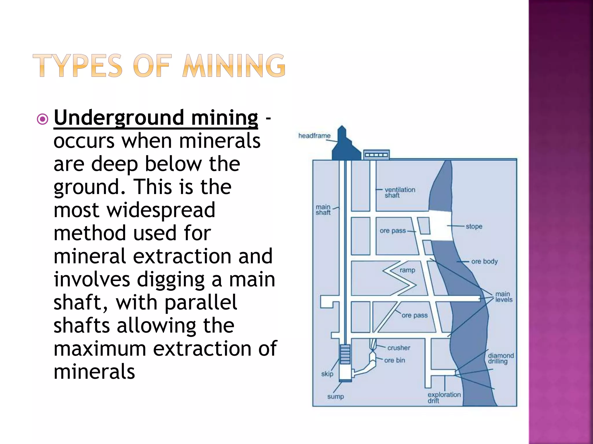  Underground mining -
occurs when minerals
are deep below the
ground. This is the
most widespread
method used for
mineral extraction and
involves digging a main
shaft, with parallel
shafts allowing the
maximum extraction of
minerals
 