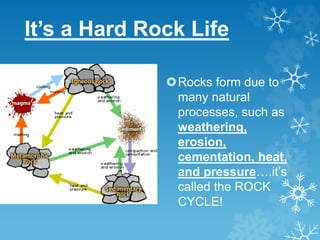 It’s a Hard Rock Life
Rocks form due to
many natural
processes, such as
weathering,
erosion,
cementation, heat,
and pressure….it’s
called the ROCK
CYCLE!
 