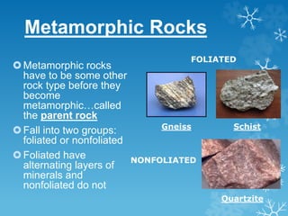 Metamorphic Rocks
Metamorphic rocks
have to be some other
rock type before they
become
metamorphic…called
the parent rock
Fall into two groups:
foliated or nonfoliated
Foliated have
alternating layers of
minerals and
nonfoliated do not
Gneiss Schist
Quartzite
NONFOLIATED
FOLIATED
 