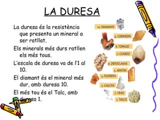 LA DURESA La duresa és la resistència que presenta un mineral a ser ratllat. Els minerals més durs ratllen els més tous. L’escala de duresa va de l’1 al 10. El diamant és el mineral més dur, amb duresa 10. El més tou és el Talc, amb duresa 1. 
