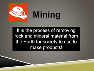 It is the process of removing
rock and mineral material from
the Earth for society to use to
make products!
 