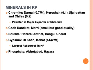 MINERALS IN KP
 Chromite: Dargai (0.7Mt), Heroshah (0.1) Jijal-pattan
and Chilas (0.2)
 Pakistan is Major Exporter of Chromite
 Coal: Kandkot, Marri (small but good quality)
 Bauxite: Hazara District, Hangu, Cherat
 Gypsum: DI Khan, Kohat (4442Mt)
 Largest Resources in KP
 Phosphate: Abbotabad, Hazara
 