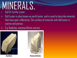 MINERALS.o Dull Or Earthy Luster.
➢ Dull Luster is also known as earth luster, and is used to describe minerals
that have poor reflectivity. The surface of minerals with dull luster is
coarse and porous.
➢ E.g. Kaolinite, montmorillinite and etc.
 