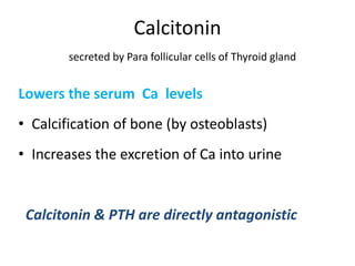 Calcitonin
secreted by Para follicular cells of Thyroid gland
Lowers the serum Ca levels
• Calcification of bone (by osteoblasts)
• Increases the excretion of Ca into urine
Calcitonin & PTH are directly antagonistic
 