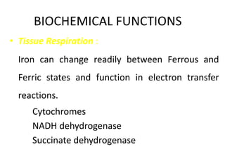 BIOCHEMICAL FUNCTIONS
• Tissue Respiration :
Iron can change readily between Ferrous and
Ferric states and function in electron transfer
reactions.
Cytochromes
NADH dehydrogenase
Succinate dehydrogenase
 