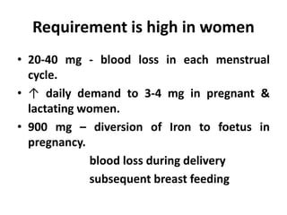 Requirement is high in women
• 20-40 mg - blood loss in each menstrual
cycle.
• ↑ daily demand to 3-4 mg in pregnant &
lactating women.
• 900 mg – diversion of Iron to foetus in
pregnancy.
blood loss during delivery
subsequent breast feeding
 