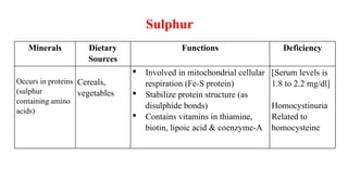 Minerals Dietary
Sources
Functions Deficiency
Occurs in proteins
(sulphur
containing amino
acids)
Cereals,
vegetables
 Involved in mitochondrial cellular
respiration (Fe-S protein)
 Stabilize protein structure (as
disulphide bonds)
 Contains vitamins in thiamine,
biotin, lipoic acid & coenzyme-A
[Serum levels is
1.8 to 2.2 mg/dl]
Homocystinuria
Related to
homocysteine
Sulphur
 