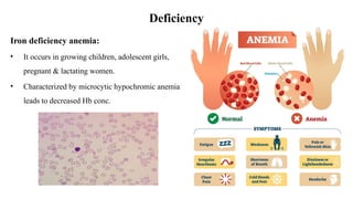 Deficiency
Iron deficiency anemia:
• It occurs in growing children, adolescent girls,
pregnant & lactating women.
• Characterized by microcytic hypochromic anemia
leads to decreased Hb conc.
 