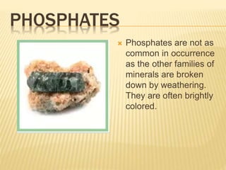 PHOSPHATES
 Phosphates are not as
common in occurrence
as the other families of
minerals are broken
down by weathering.
They are often brightly
colored.
 