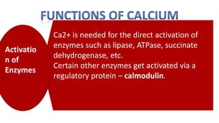 Ca2+ is needed for the direct activation of
enzymes such as lipase, ATPase, succinate
dehydrogenase, etc.
Certain other enzymes get activated via a
regulatory protein – calmodulin.
Activatio
n of
Enzymes
 