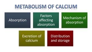 Absorption
Factors
affecting
absorption
Mechanism of
absorption
Excretion of
calcium
Distribution
and storage
 