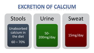 Stools
Unabsorbed
calcium in
the diet
60 – 70%
Urine
50-
200mg/day
Sweat
15mg/day
 