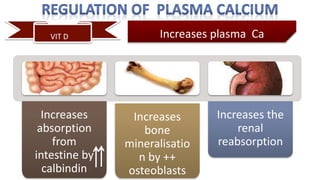 VIT D
Increases
bone
mineralisatio
n by ++
osteoblasts
Increases the
renal
reabsorption
Increases plasma Ca
Increases
absorption
from
intestine by
calbindin
 