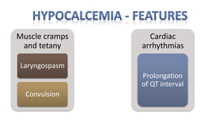 Muscle cramps
and tetany
Laryngospasm
Convulsion
Cardiac
arrhythmias
Prolongation
of QT interval
 