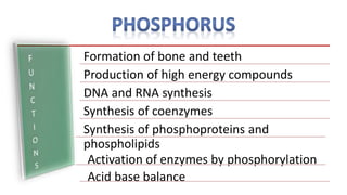 Formation of bone and teeth
Production of high energy compounds
DNA and RNA synthesis
Synthesis of coenzymes
Synthesis of phosphoproteins and
phospholipids
Activation of enzymes by phosphorylation
Acid base balance
 