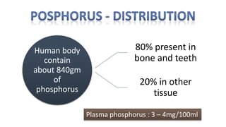 Human body
contain
about 840gm
of
phosphorus
80% present in
bone and teeth
20% in other
tissue
Plasma phosphorus : 3 – 4mg/100ml
 
